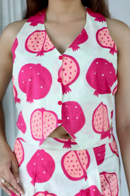 Pink Cotton Halter Neck Crop Top & Mini Skirt Set