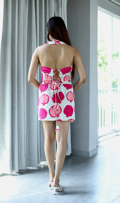 Pink Cotton Halter Neck Crop Top & Mini Skirt Set