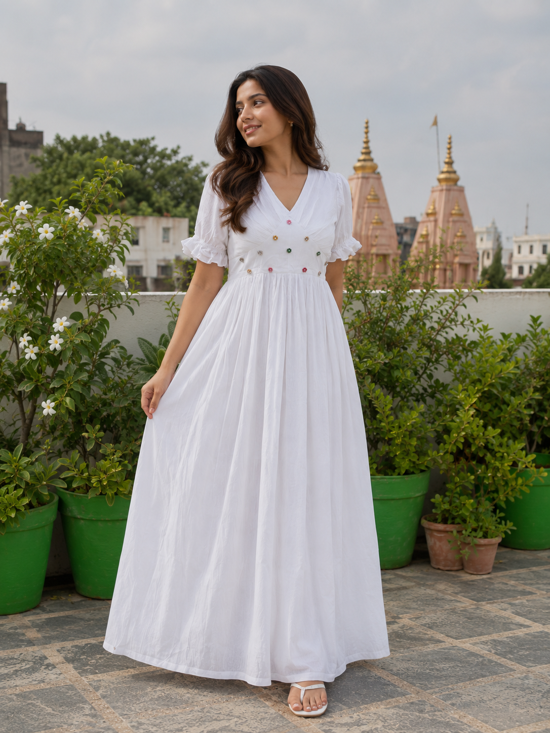 Off White V neck Maxi Dress