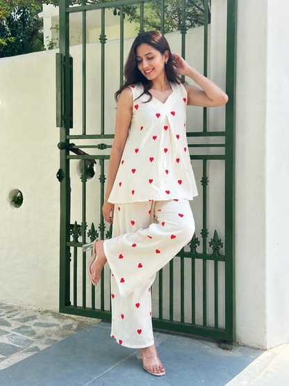 Ivory Heart Embroidered Cotton Palazzo Set