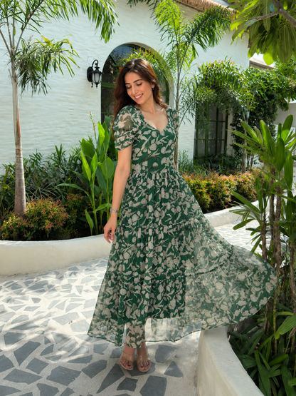 Green Chiffon Gathered Maxi Dress