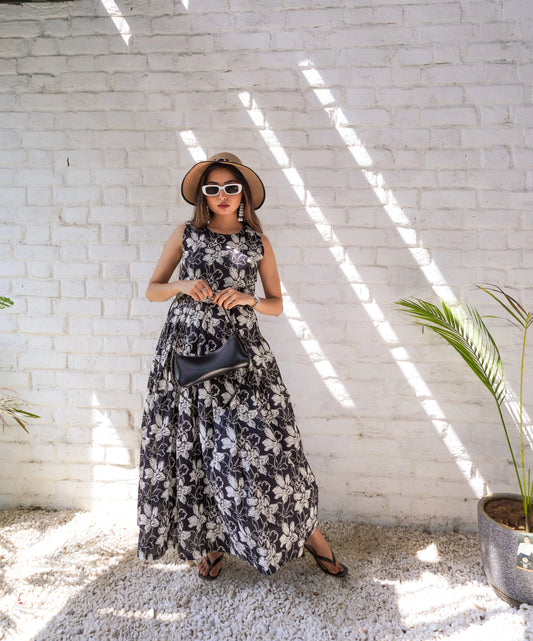 Noor-e-Gulab – Black & White Floral Maxi Dress