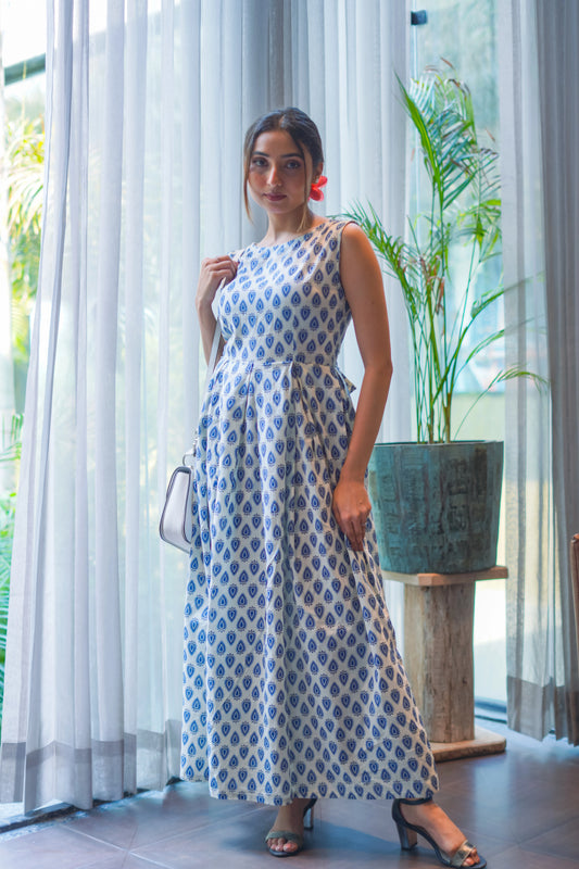 Neelika – Blue Handblock Cotton Maxi Dress