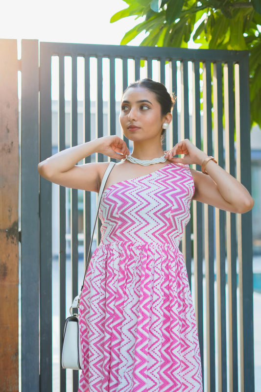 Tarangini – Pink Chevron One-Shoulder Cotton Maxi Dress