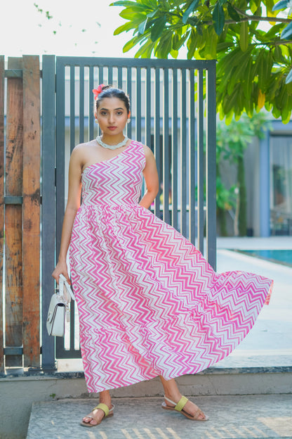 Tarangini – Pink Chevron One-Shoulder Cotton Maxi Dress