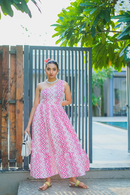 Tarangini – Pink Chevron One-Shoulder Cotton Maxi Dress