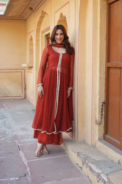Rust Orange Georgette Anarkali Suit with Dupatta
