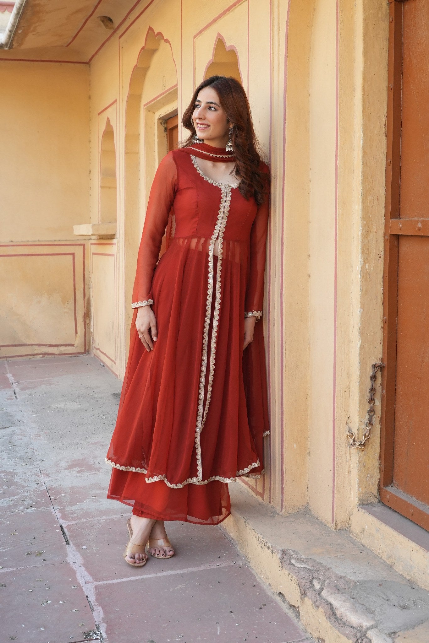 Rust Orange Georgette Anarkali Suit with Dupatta