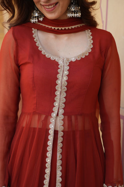 Rust Orange Georgette Anarkali Suit with Dupatta