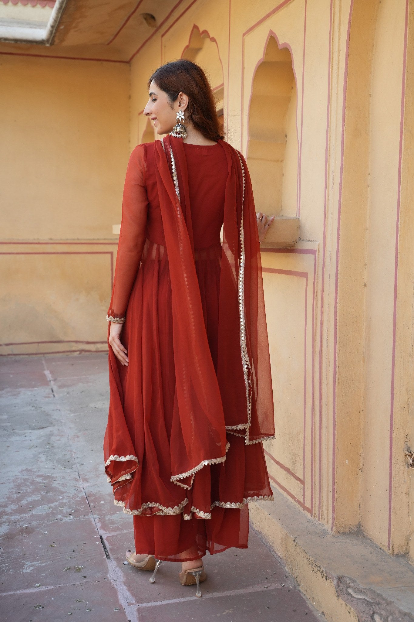 Rust Orange Georgette Anarkali Suit with Dupatta