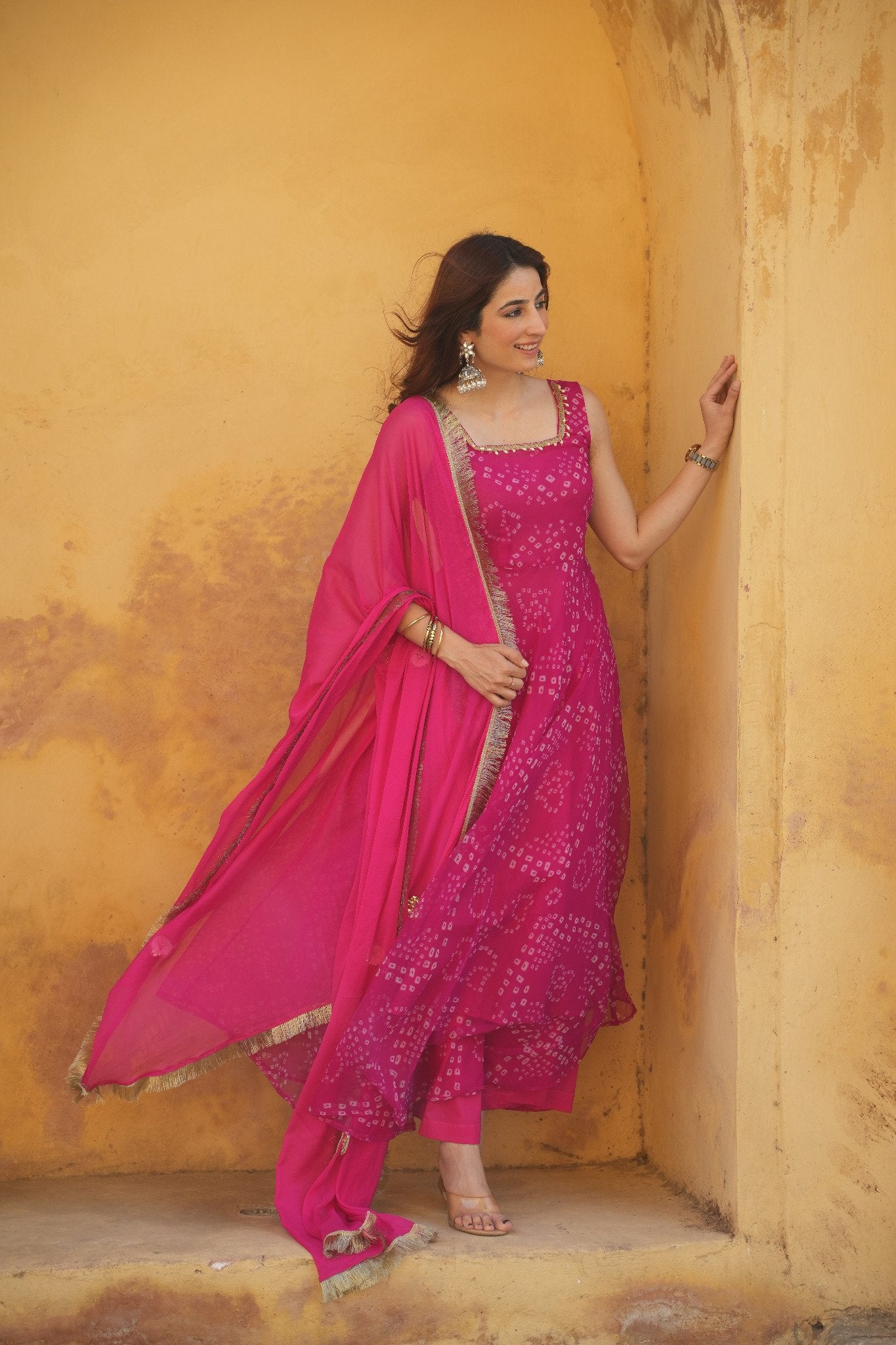 Hot Pink Bandhani Chiffon  Anarkali Suit