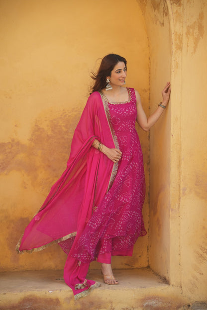 Hot Pink Bandhani Chiffon  Anarkali Suit