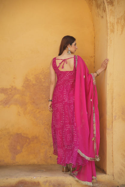 Hot Pink Bandhani Chiffon  Anarkali Suit