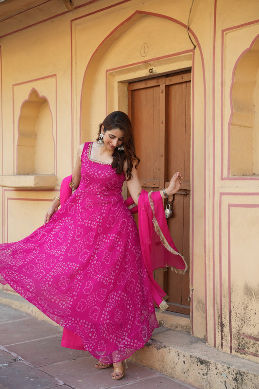 Hot Pink Bandhani Chiffon  Anarkali Suit