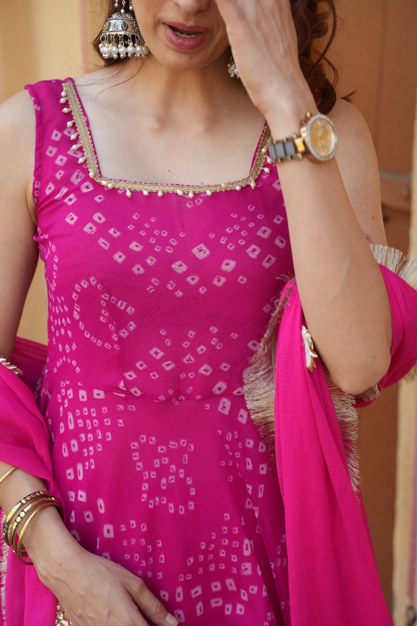 Hot Pink Bandhani Chiffon  Anarkali Suit
