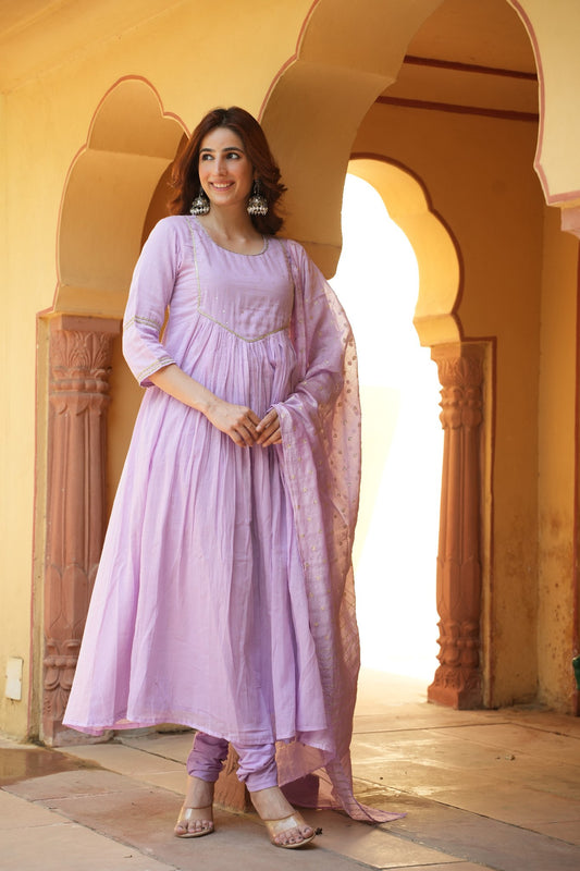 Lavender Mulmul Anarkali Suit Set
