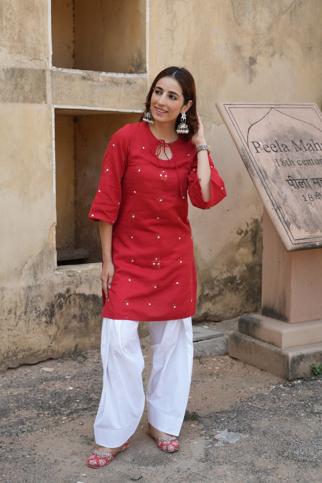 Red Mulmul Kurta Farsi Salwar Set