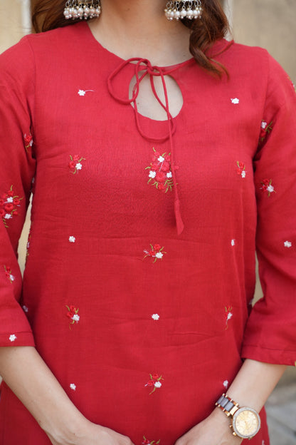 Red Mulmul Kurta Farsi Salwar Set