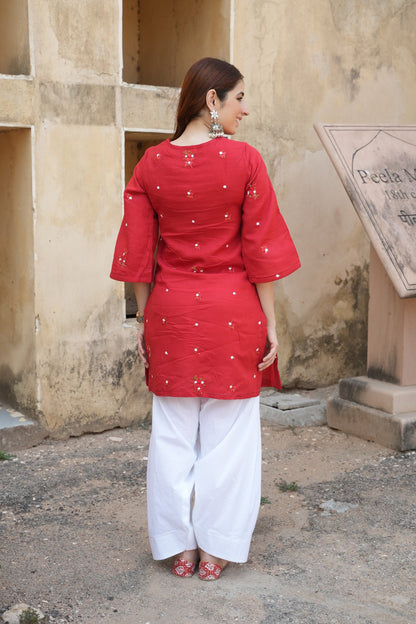 Red Mulmul Kurta Farsi Salwar Set