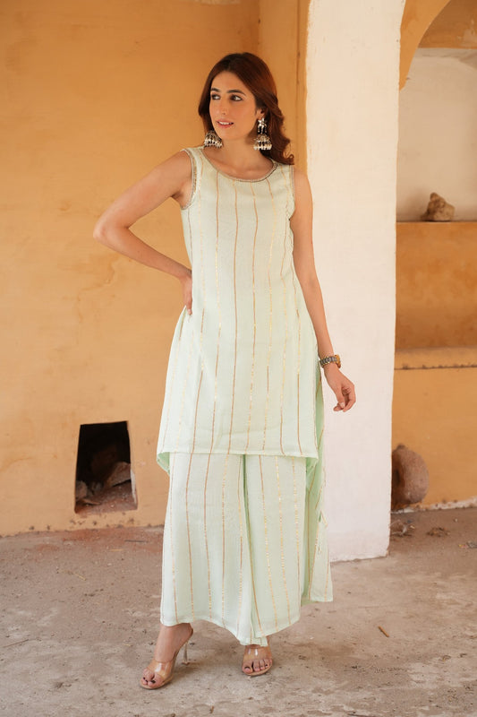 Light Blue Wrinkled Cotton Kurta Palazzo Set
