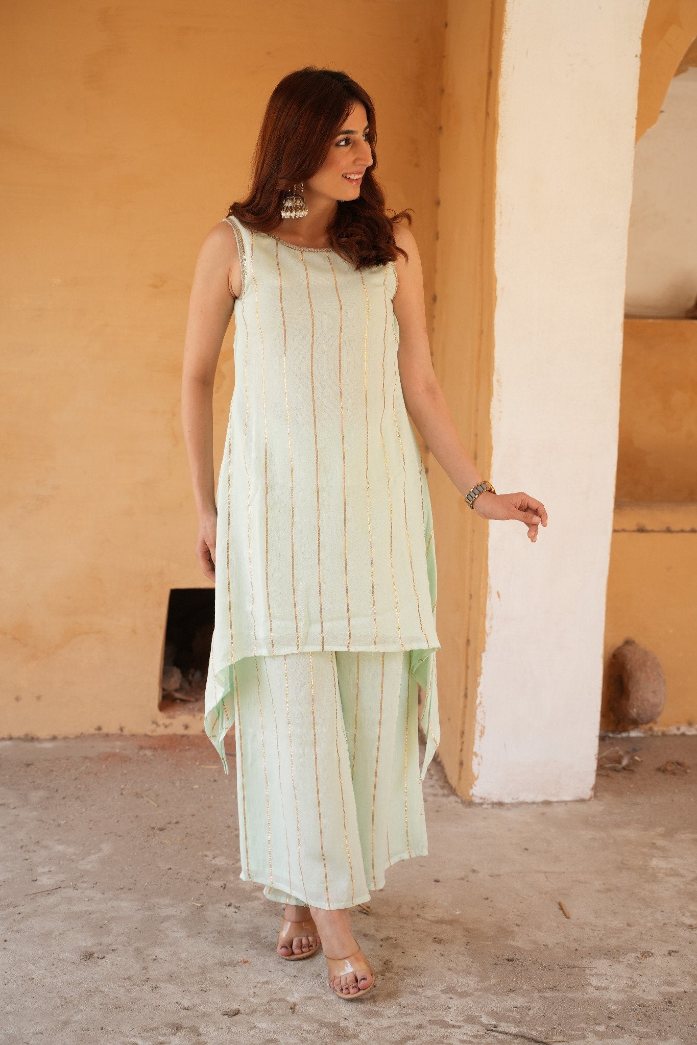 Light Blue Wrinkled Cotton Kurta Palazzo Set