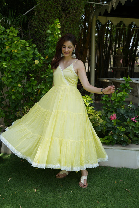 Lemon Yellow Mulmul Anarkali Set