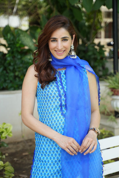 Royal Blue Mul Chanderi Farshi Salwar Suit Set with Organza Dupatta