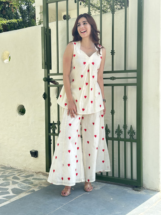 Ivory Heart Embroidered Cotton Palazzo Set