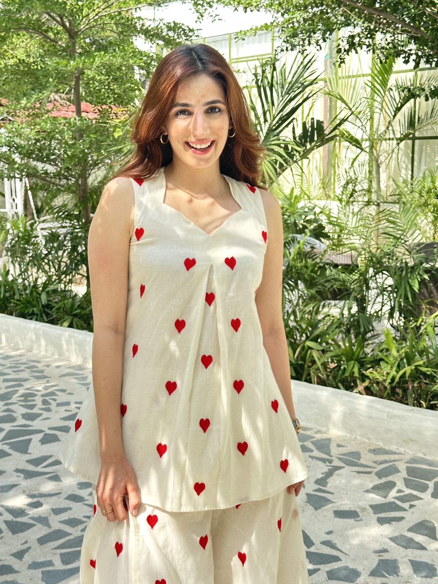 Ivory Heart Embroidered Cotton Palazzo Set