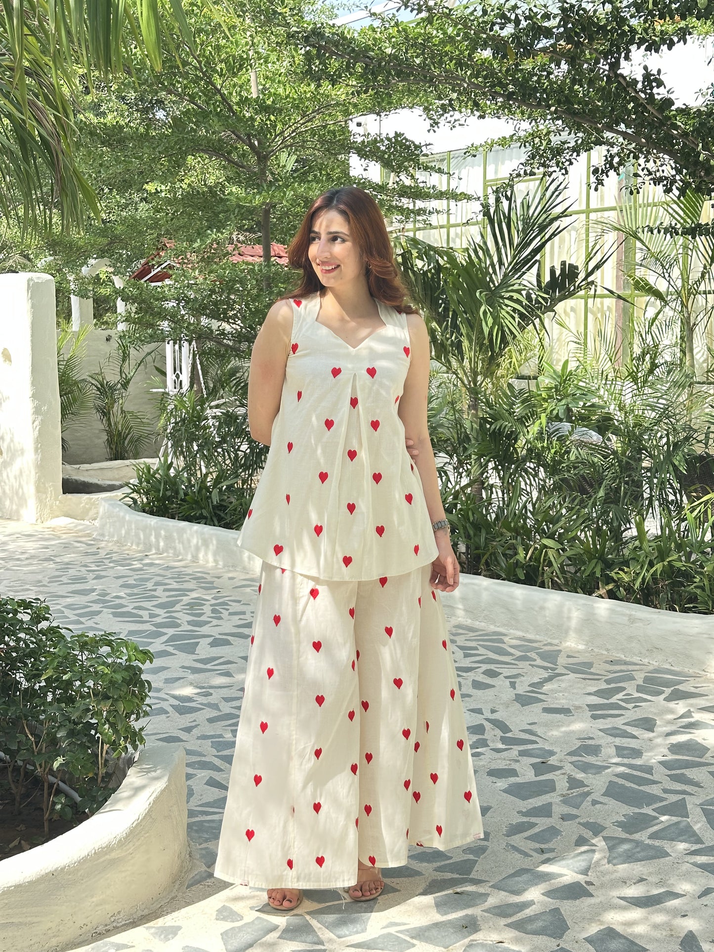 Ivory Heart Embroidered Cotton Palazzo Set