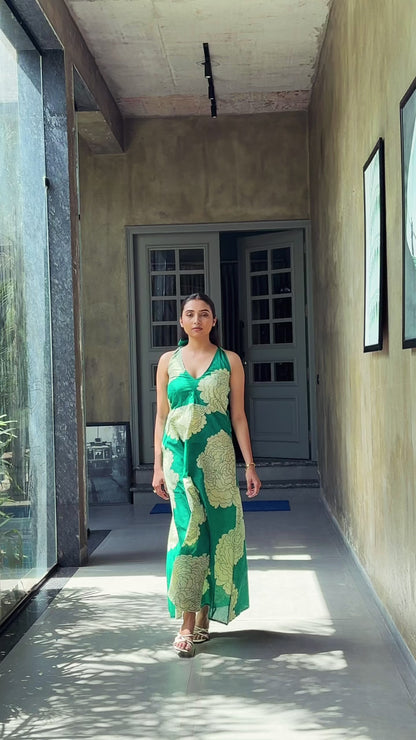 Green Backless Halter Neck Maxi Dress